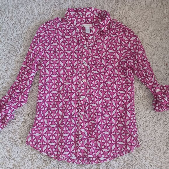 Chico’s Sz 1 (M) Pink White Geometric Print Button Cotton Blouse Shirt Roll Tab - Picture 1 of 9